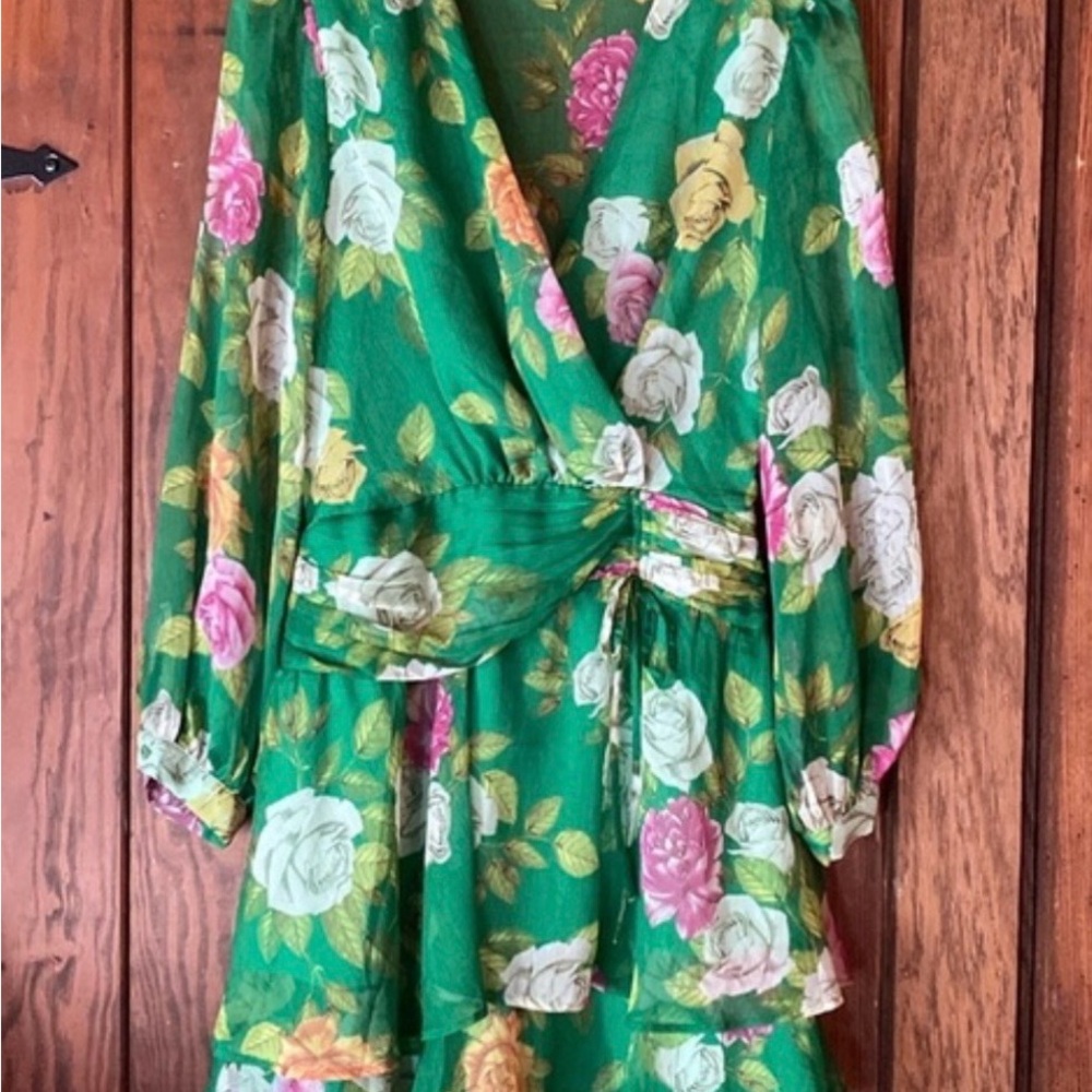 Floral Green Dress with Pink and White Roses